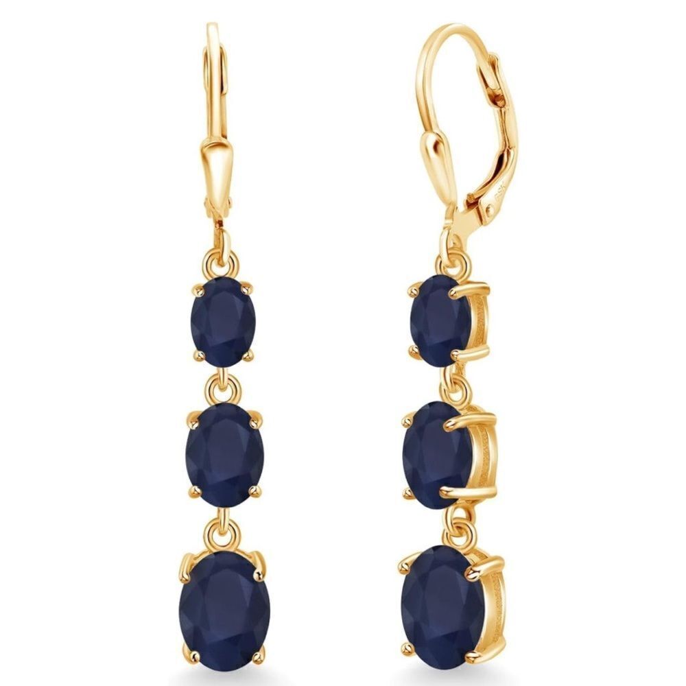 18K Yellow Gold with 6.71 Cttw 3 Stone Navy Blue Sapphire Leverback Earrings
